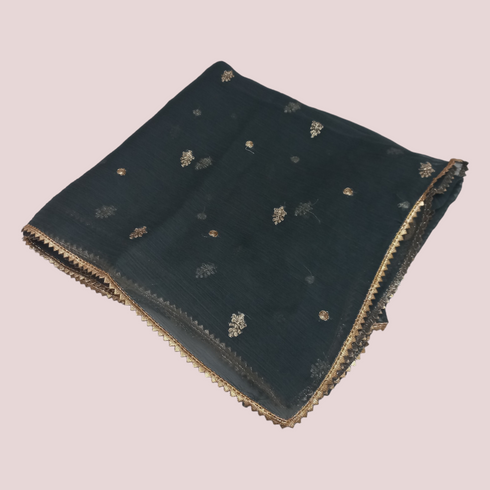Chiffon Embroidery Laced Dupatta - Dark Grey