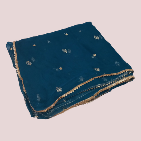 Chiffon Embroidery Laced Dupatta - Cobalt Blue