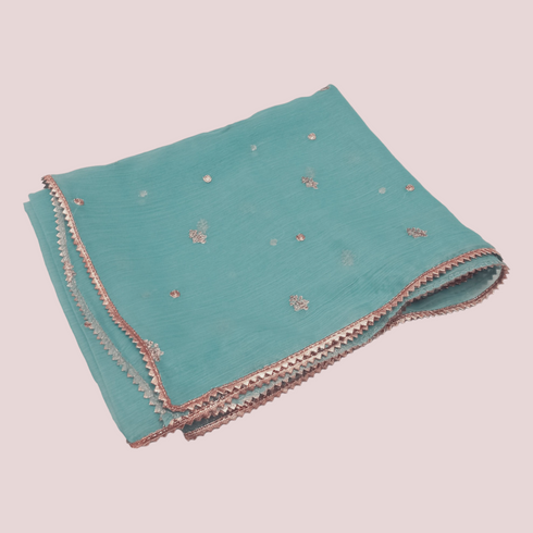 Chiffon Embroidery Laced Dupatta - Sky Blue