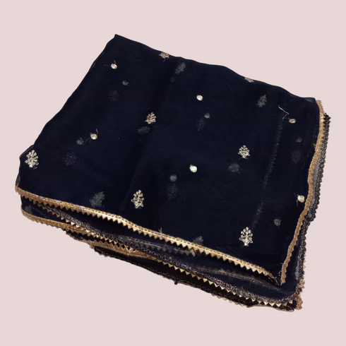 Chiffon Embroidery Laced Dupatta - Navy Blue