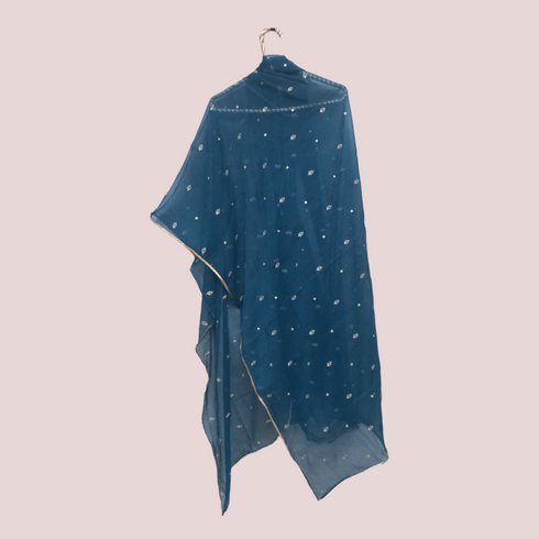 Chiffon Embroidery Laced Dupatta - Cobalt Blue