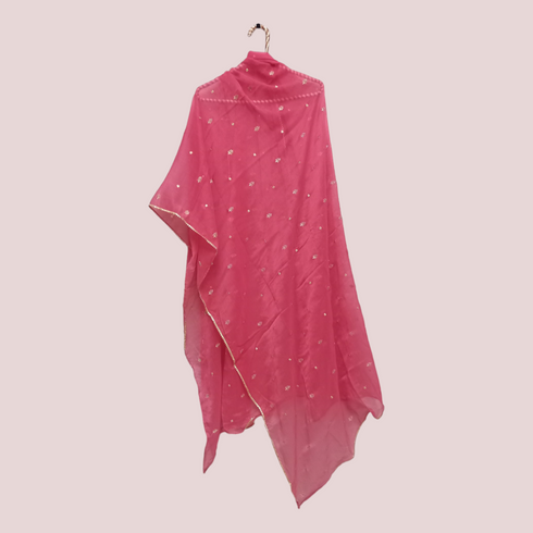 Chiffon Embroidery Laced Dupatta - Pink