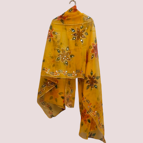 Hand Painted Mirror Work Organza Dupatta - Yellow