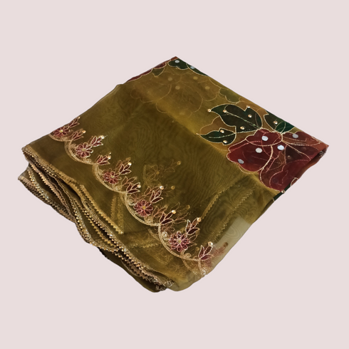 Hand Painted Mirror Work Organza Dupatta - Mud Green
