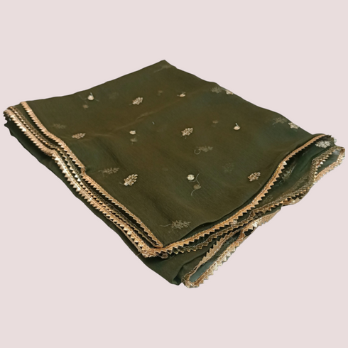 Chiffon Embroidery Laced Dupatta - Heena Green