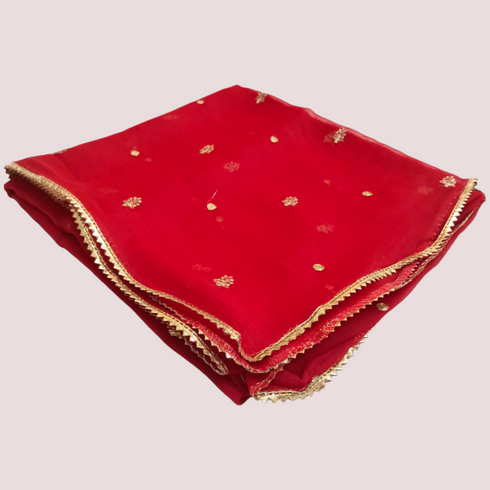 Chiffon Embroidery Laced Dupatta - Red