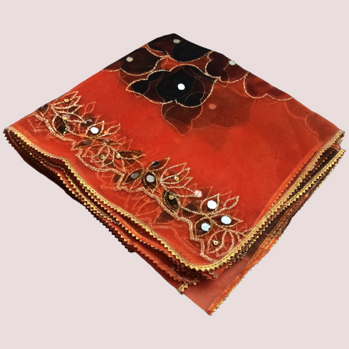 Hand Painted Mirror Work Organza Dupatta - Orange