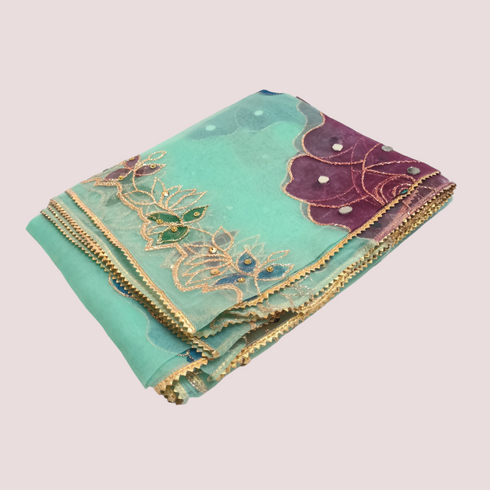 Hand Painted Mirror Work Organza Dupatta - Light Green