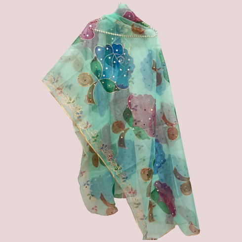 Hand Painted Mirror Work Organza Dupatta - Aqua Green