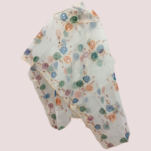 Hand Painted Mirror Work Organza Dupatta - White