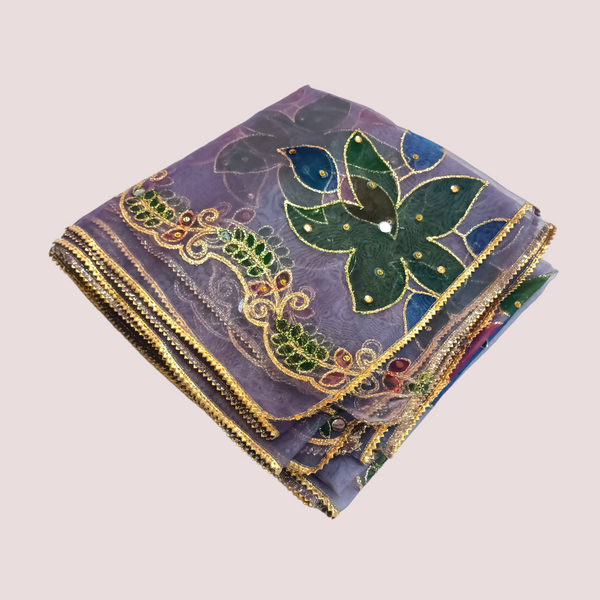 Hand Painted Mirror Work Organza Dupatta - Lilac