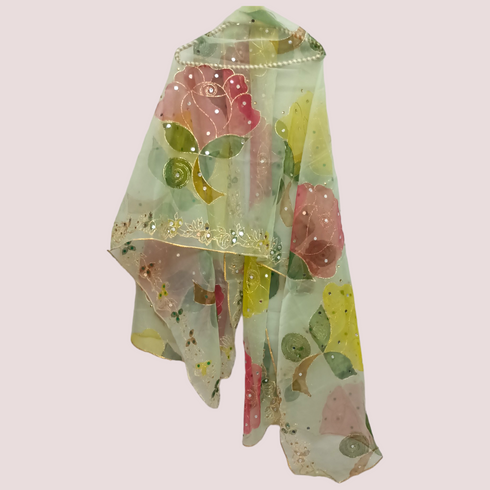 Hand Painted Mirror Work Organza Dupatta - Pistacio