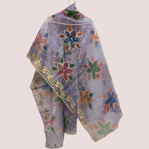 Hand Painted Mirror Work Organza Dupatta - Lilac